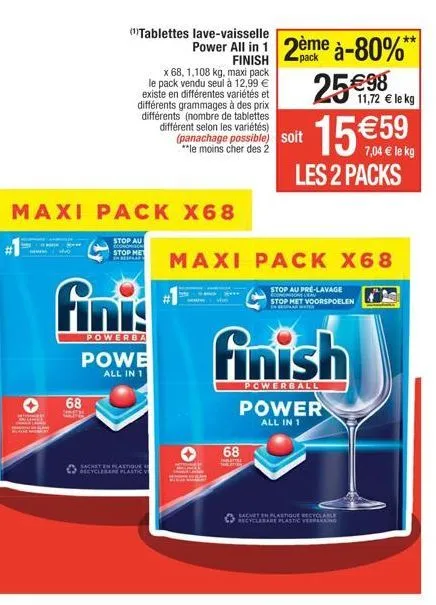 tablette lave-vaisselle powerba all in 1: 68 pcs, maxi pack à 12,99 €, disponible en différentes variétés et grammages!