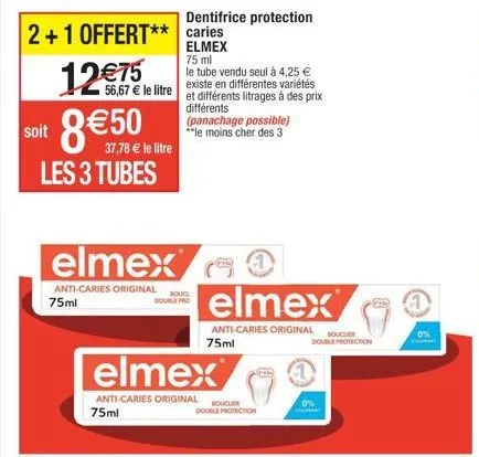 elmex : 2+1 offert sur le tube à 4,25 €, 56,67 €/l et 3 variétés à 12 €75, 8 €50 et 37,78 €/l