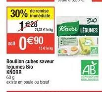 promo : bio knorr - bouillon cubes légumes bio, 60g - remise 30% immédiate à 1.28€/kg - 15€/kg.