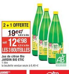 Jardin Bio etic Jus de Citron Bio 1 L : 2+1 Offertes (12,98€), Soit 6,49€/Bouteille.