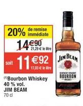 ➡️Promo 40% : Bourbon Whiskey JIM BEAM 70cl à 17,03€/L, soit 92€ -20% & 11€ offerts!