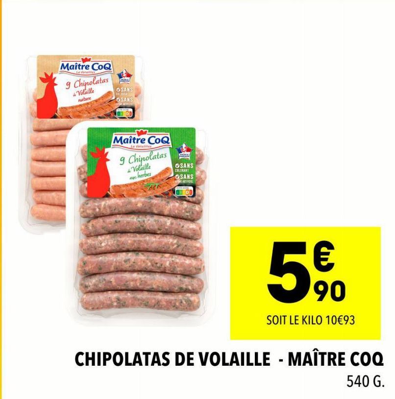 Maître Coq: Chipolatas Volaille Nature, 606, Sans Colorant & Sans Mil, 5€/kg!