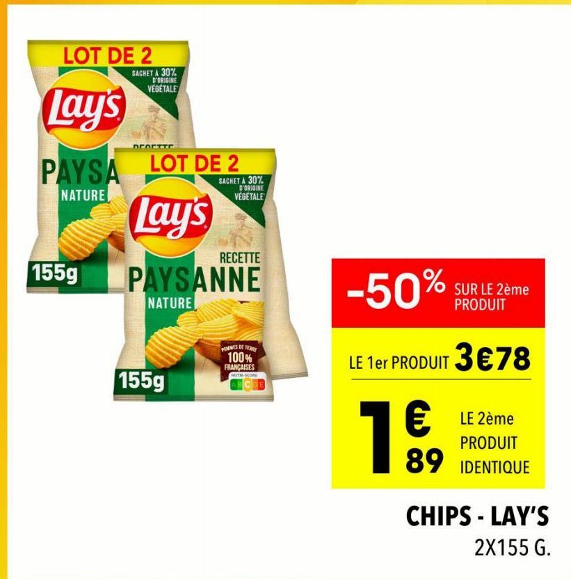 Lay's Paysanne Nature - 30% d'Origine Végétale - 155g - 100% Pommes de Terre Françaises - Lot de 2