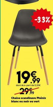Chaise Scandinave Phénix: +33% - -19.99€ avec Éco-part de 0,33€! 29.99€, Blanc, Noir ou Vert.