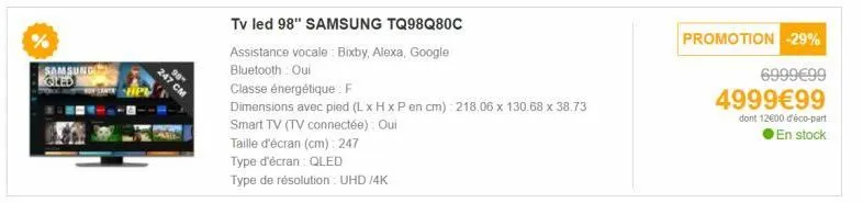 tv led 98 samsung tq98q80c: bixby, alexa, google, bluetooth et classe énergétique f. 218.06x130.68x38.73 cm.