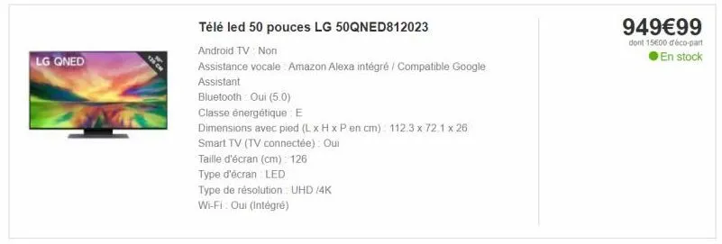 télé lg 50qned812023: 120 cm, 50 led, bluetooth 5.0, classe e, alexa/google compatibles