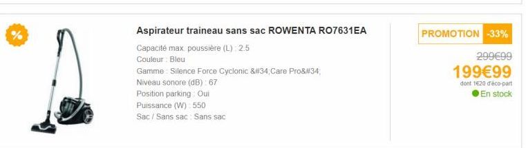 ROWENTA RO7631EA Care Pro : Aspirateur Traineau Cyclonic &#34;Silence Force&#34;, 2.5L, 67dB, Bleu, avec Parking