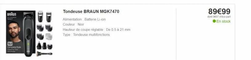 tondeuse braun mgk7470 - réglage de 0.5 à 21mm - batterie li-ion - 89€99 + 007 déco-part.