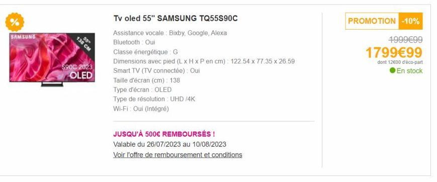 Nouvelle Télévision OLED 55 Samsung TQ55S90C: 138 cm, Alexa, Bixby, Bluetooth, G, à 90€ en 2023!