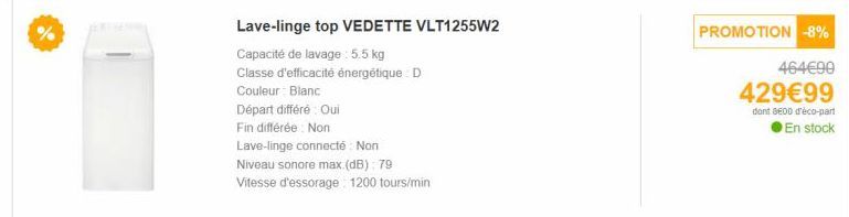 Le Lave-linge VEDETTE VLT1255W2 : Capacité de 5.5 kg, Classe D, Couleur Blanc, Départ différé, Niveau sonore faible.