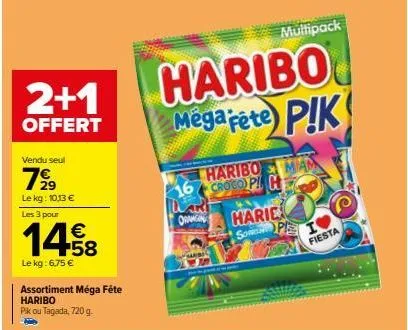 assortiment méga fête haribo | 3eme offert | 720 g | dès 6,75€/kg | 1458€ les 3