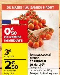 promo catégorie 1 carrefour : tomates cocktail grappe à 5€ le kg, 500g à seulement 250€ du mardi 1 au samedi 5 août !