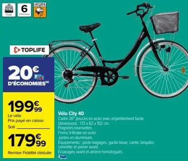 vélo city 40 - toplife: économisez 20€, cadre 26 pouces en acier avec enjambement et éclairages avant et arrière homologués à seulement 17999€!