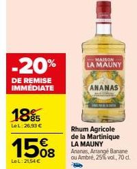 MAISON LA MAUNY - Rhum Agricole Ananas 25% vol. 70cl - -20% de remise immédiate ! L:26,93 € ou 15%8 L:21,54 €