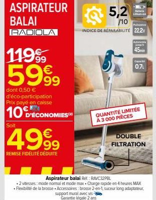 Aspirateur Balai RAVC32PBL à 22.2V : 10€ de Réduction et Éco-participation de 0.50€ !