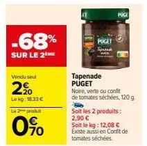 puget tapenade noir, vert ou confit de tomates séchées -68% sur le 2me vendu seul, à 12,08€/kg!