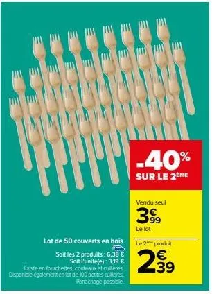 lot de 50 couverts en bois : 6,38€ ! promo 3,19€ l'unité, panachage possible. fourchettes, couteaux & cuillères disponibles en lot de 100.