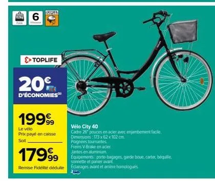 toplife : profitez de 20€ d’économies sur le vélo city 40 doté d'enjambement, d'éclairages avant et arrière homologués et d'un cadre en acier 26 pouces ! prix : 17999€ !.