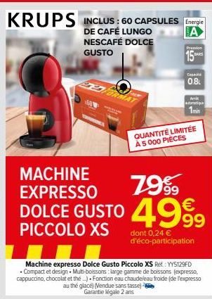 Machine Expresso 4999€ KRUPS PICCO: 60 Capsules DOLCE GUSTO Incluses! Garantie 2 Ans.