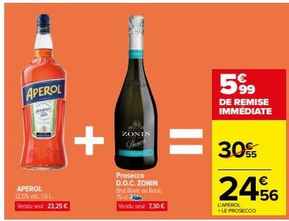 Deux Produits Pour Seulement 30,55€ : APEROL 12,5% vol. 1,5L + Prosecco D.O.C. ZONIN Brut Blanc/Rosé 75dl.