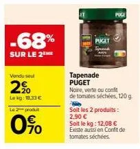 jusqu'à -68% sur le 2e ! tapenade puget noire/verte/confit de tomates séchées, 120g - 2,90€ au lieu de 12,08€/kg !