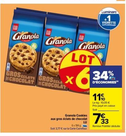 Offre Flash ! Granola Cookies aux Gros Éclats de Chocolat 6x 184g à 3,77€ chez Carrefour et Luminarc +1 Vignet!
