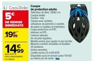 casque coolride de protection adulte: noir, tour de tête 58/62cm, 5€ de remise immédiate - 14.99€!