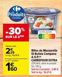 Promo -30% : Bille de Mozzarella Di Bufala Campana A.O.P. (2.29 €/kg) chez Carrefour!