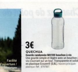 Gourde Randonnée MH100 QUECHUA: Facilité d'Ouverture/Fermeture, Bouchon à Vis, Transparente et Solide - 3€