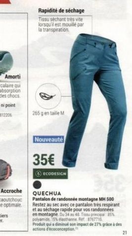 Pantalon MH 500 QUECHUA : Séchage Rapide, 265 g en taille M, 35€ - ⒸECODESIGN - Restez au sec !