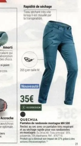 pantalon mh 500 quechua : séchage rapide, 265 g en taille m, 35€ - ⓒecodesign - restez au sec !