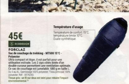 Sac de couchage Trekking MT500 15°C - Polyester - Ultra Compact et Léger - 45€ ⒸECODESIGN FORCLAZ