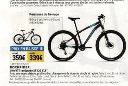 vélo vtt st 120 de rockrider : freins à disque mécaniques, monoplateau, -20€ + avant le juin 2023 !