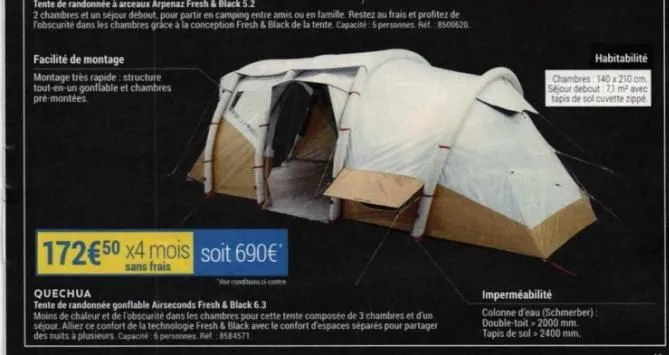 profitez du produit tout-en-un gonflable ! 172€50 x4 mois sans frais. 2 chambres & séjour debout pour partir en camping entre amis !