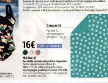 Serviette de bain microfibre imprimée NABAIJI: XL ultra-compacte et légère, à 16€! Edition limitée.