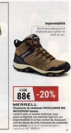 Chaussures MERRELL CROSSLANDER MID WATERPROOF : Amorti et Soutien Renforcés, Imperméabilité, 170€ -> 88€ -20%