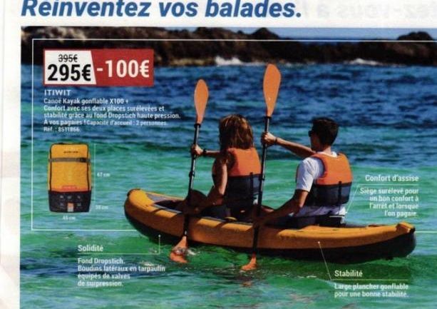 ITIWIT Canoe Kayak Gonflable X100+ Confort: 3956 € 295€ (-100€) pour 2 Personnes, Stabilité & Haute Pression