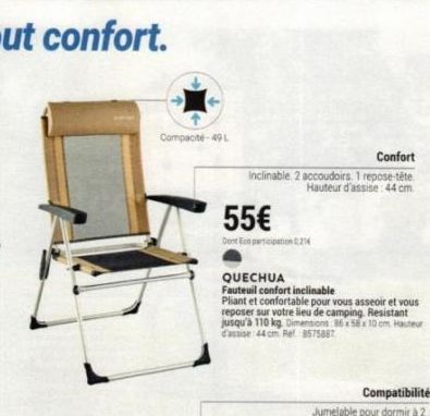 Fauteuil QUECHUA Confort Inclinable - Compacité 49L, 2 Accoudoirs, Hauteur d'Assise 44 cm - Promotion: 55€ et Dort 10 Participation 0:21 !