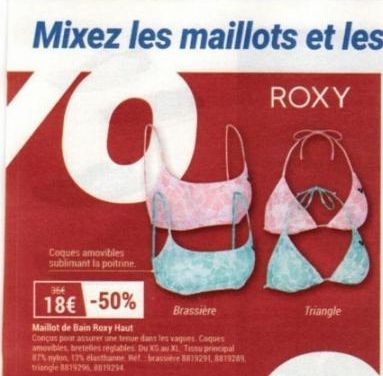 Maillot de Bain Roxy Haut à 50% -18€ | Coques Amovibles, Tenue et Confort Assurés!