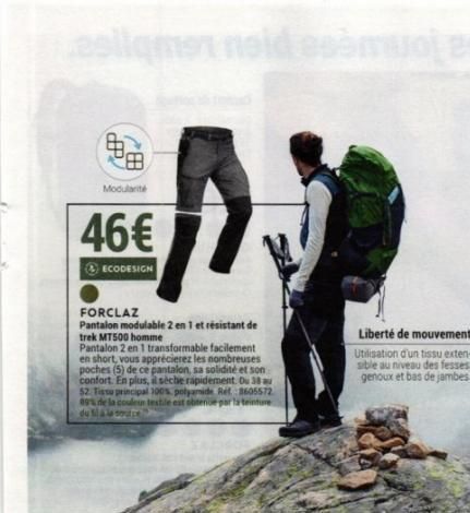 MT500 - Pantalon Résistant Modulable 2en1 pour Hommes à 46€ : Forclaz ECODESIGN ! Poches 5.