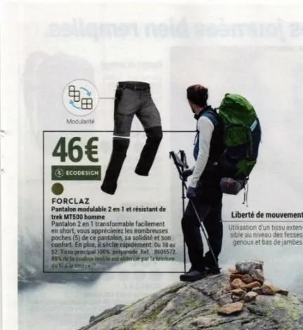 mt500 - pantalon résistant modulable 2en1 pour hommes à 46€ : forclaz ecodesign ! poches 5.