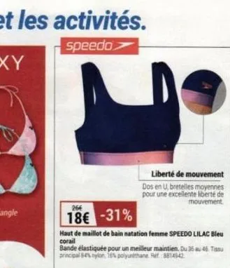haut de maillot de bain speedo lilac à 18€ (-31%) - bande élastiquée, 84% nylon, tailles 36-46