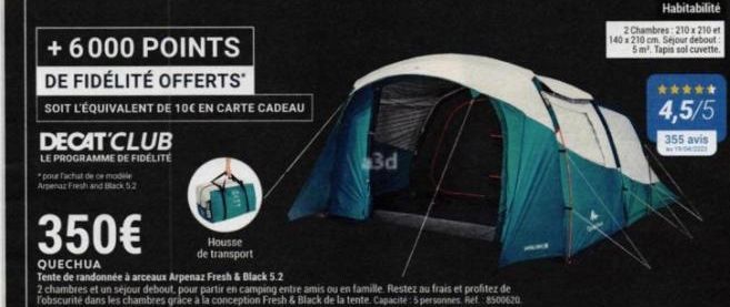 Offre spéciale - 10€ de réduction sur la Tente de randonnée Arpenaz Fresh and Black 5.2 par DECAT CLUB Fidélité !