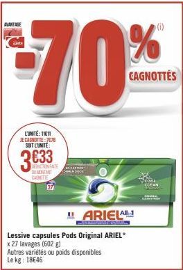 Profitez des Avantages de la Carte L'UNITÉ : Promo Ariel WAN +3 Cool Clean - 27$ de Réduction!