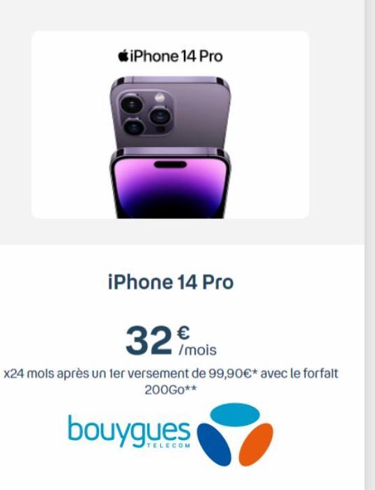 iPhone 14 Pro : 200GO de Data/mois + Forfait à 99,90€ pour 24 mois !.