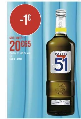 Promo -1€ sur le Pernod Marseille Pastis 51 45% ! Achetez-le pour 21€65 chez Luté.