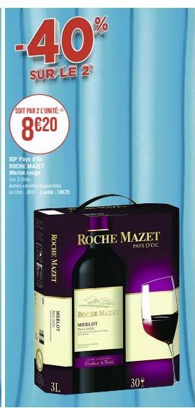 Offre Spéciale : Merlot Rouge Roche Mazet Pays d'Oc -40% : 8,20€/L chez Let 3642!