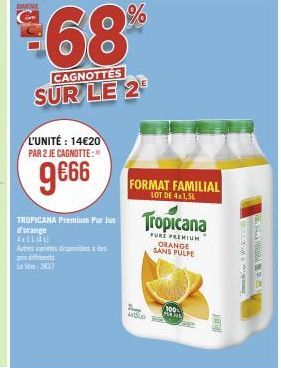 Kantage - 9€66 de Réduction sur TROPICANA Premium Pur Jus d'Orange 4x1140 ML, Format Familial Lot de 4x1,5L ! Cagnottez €68% !.