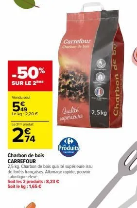 50% de réduction sur le charbon de bois qualité supérieure carrefour - 2,5 kg seulement 294,74 €!