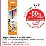 Promo -50% sur le lot de 5 Stylos Bic Cristal avec Points Moyennes et Encres Sorties Bleu, Rouge, Verte et Naine !